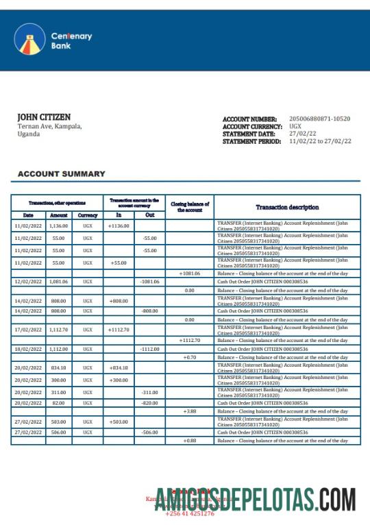 Exemplo de extrato bancário do centenário de Uganda